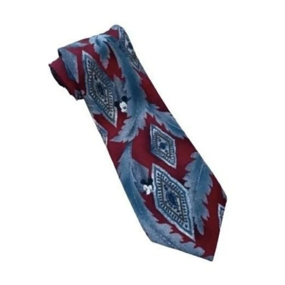 Vintage Disney Originals Mickey Mouse Neck Tie 100% Silk Maroon Blues Paisley‎